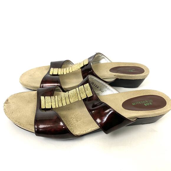 Ros Hommerson Sandals 9 M Brown Tortoise Patent Leather Gold Trim Open Toe Wedge - Picture 3 of 9